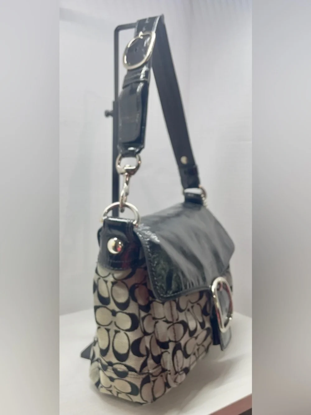 Coach Bleecker 2008 Signature Flap Shoulder Bag 12562 Black Patent Trim, Buckle - Picture 8 of 14